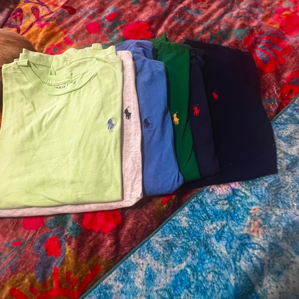 6 EUC short sleeve Polo T shirts. Size Large 14/16 grey, blue, mint green 2 navy